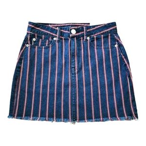 BNWT American Eagle size 2 Hi-Rise Red Blue Striped Miniskirt Denim Fringe Skirt